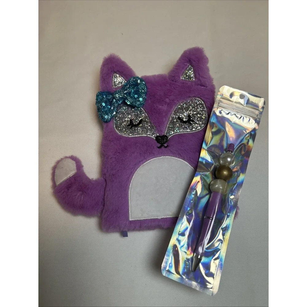 Fuzzy Novelty Purple Fox Notebook Matching Pen Diary Writing Book Animal 1689
